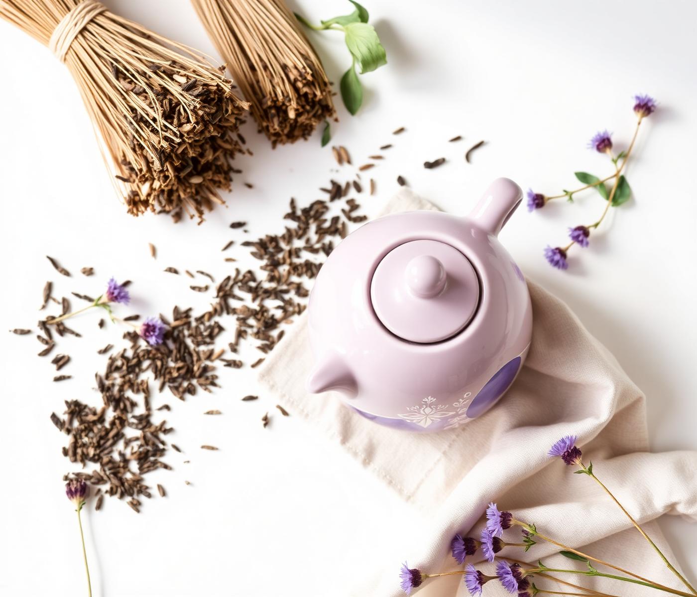 Ceramic lavender teapot with dried herbal ingredients