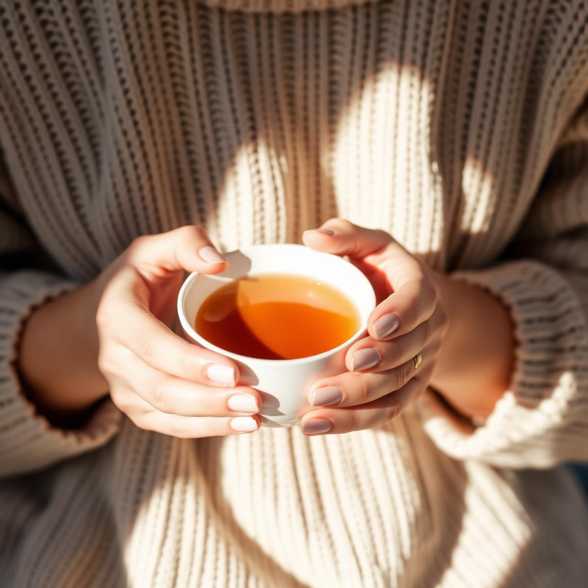 Warm herbal tea held in soft light