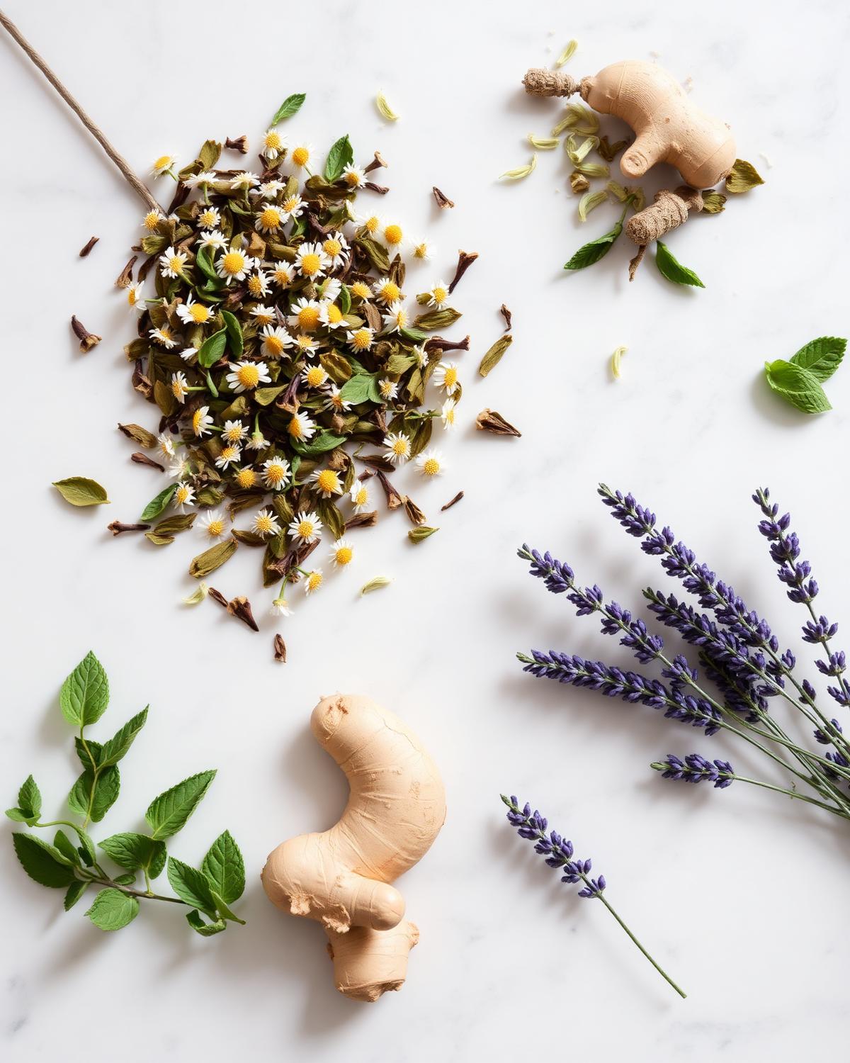 Fresh herbal ingredients on marble