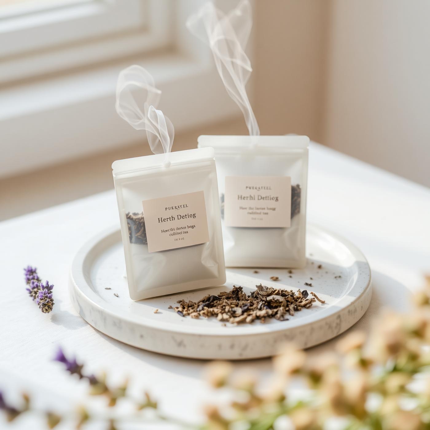 IASO herbal detox tea bags on a stone plate with lavender